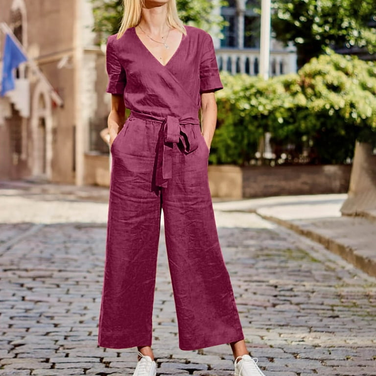 Womens Summer Casual Linen Jumpsuits Solid Short Sleeve V Neck