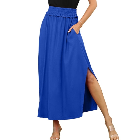 Doublju Women's Banded Smocking Waist Maxi Skirt With Pocket