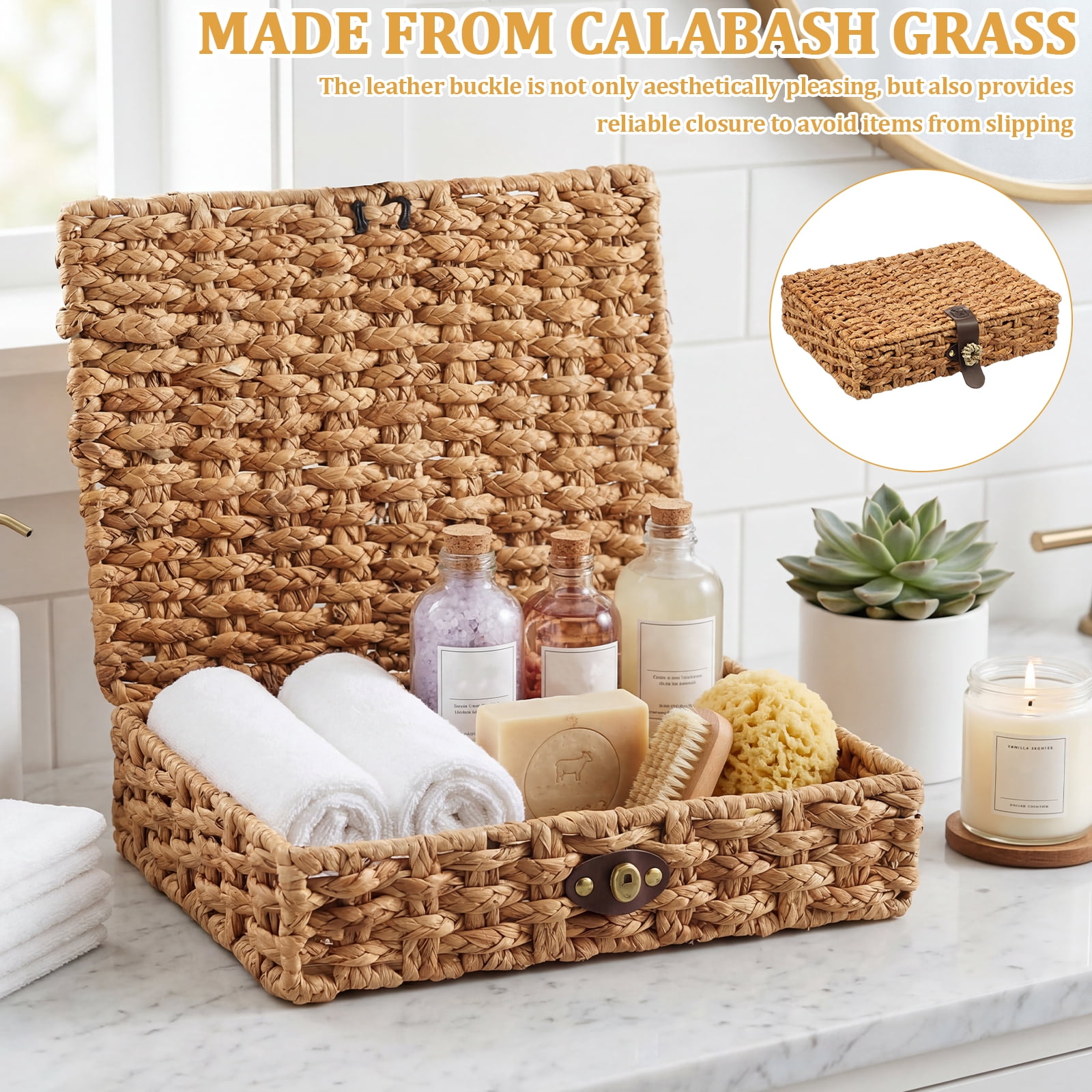 Ihvewuo Decorative Box with Lid Treated Gourd Grass Storage Basket Treated Gourd Grass Woven Decorative Box for Shelf Coffee Table Console Table Home Decor (Large or Small)