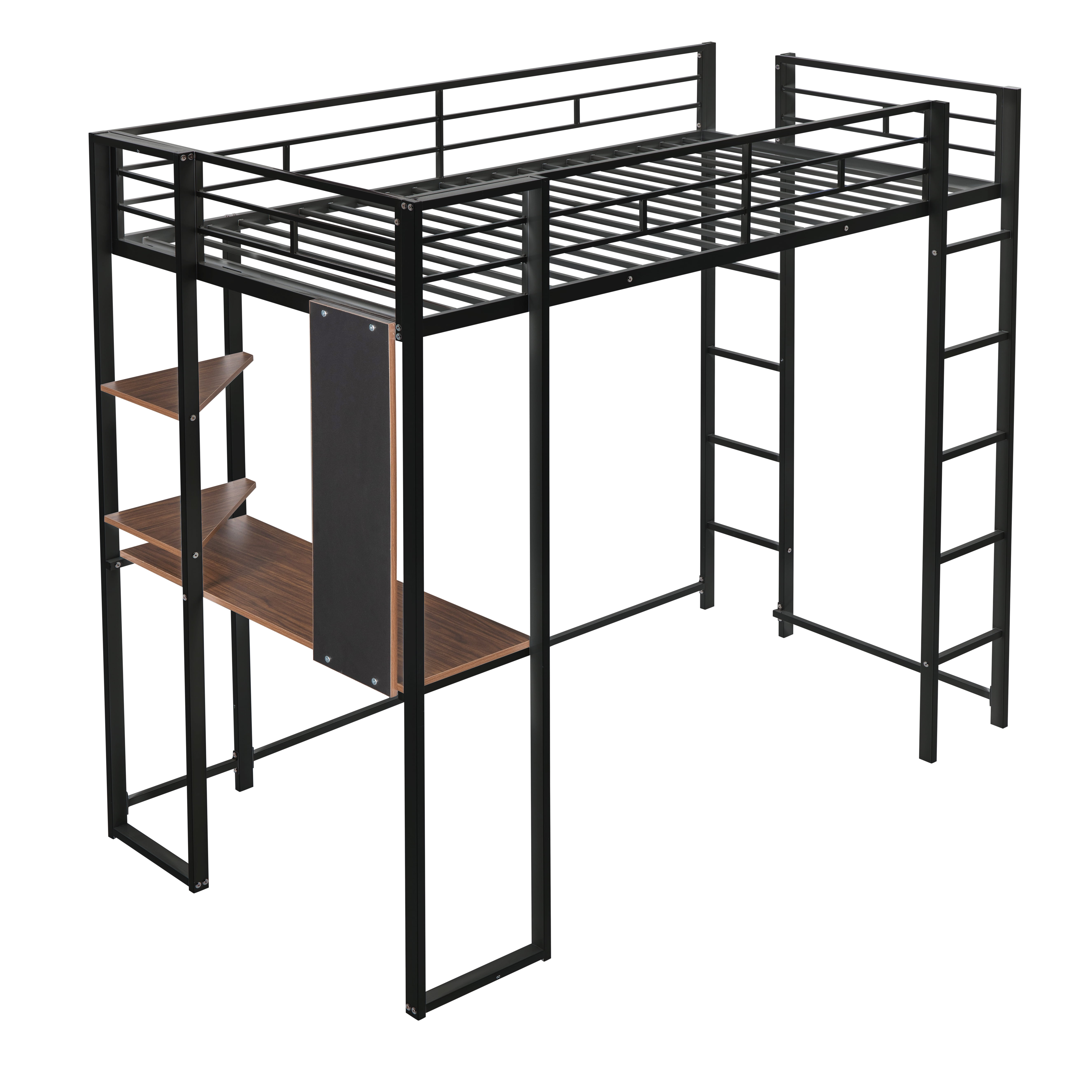 Gewnee Metal Twin Size Loft Bed with Desk, Two Shelves and Built-in 2 Ladders for Kids Teens,Black
