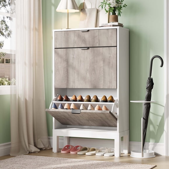 QinaQin Zapatero moderno con 2 compartimentos abatibles, repisa ajustable y cajón, mueble estrecho para guardar zapatos en entrada o pasillo