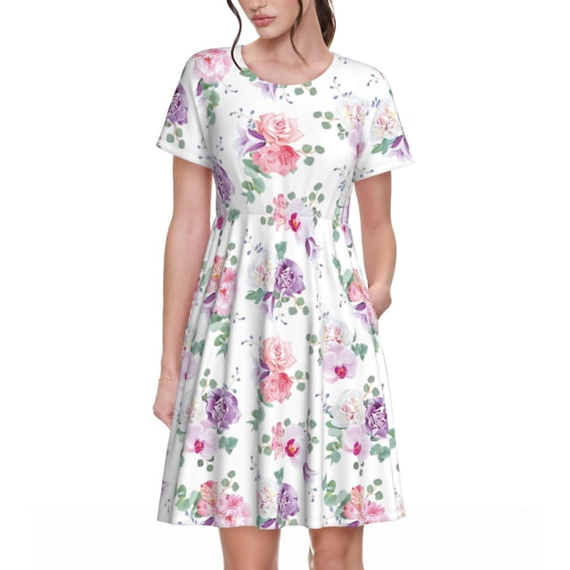 Fotbe Rose Flower B Vestido Largo de Moda para Mujer, Vestido Tipo Camiseta con Manga Corta y Estilo Casual a Rayas y Bloques de Color