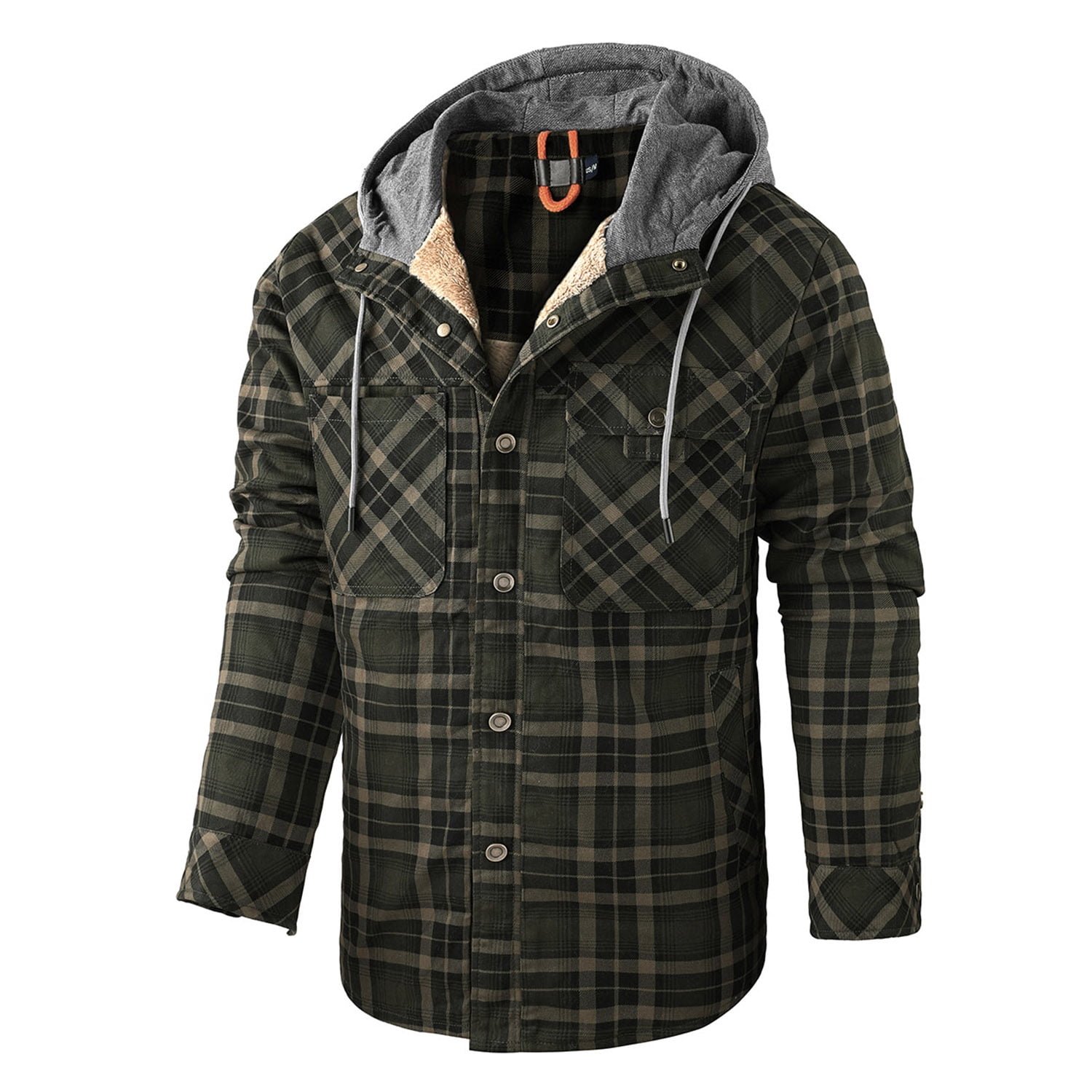 Fexilor Men's Flannel Shirt Jacket with Hood Long Sleeve Fleece Coat,Size S