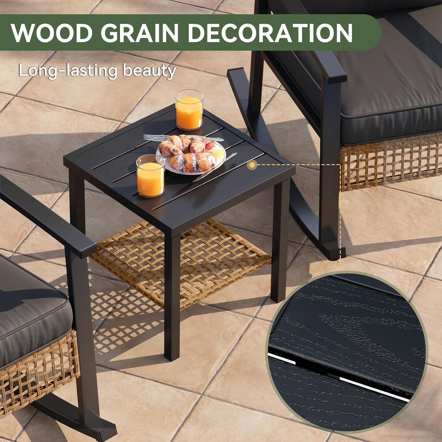 Aoxun 3-Piece Outdoor Rocking Bistro Set, Patio Furniture Set with Coffee Table and Thick Cushions, Wicker Rocking Chairs Set of 2 for Garden, Balcony, Backyard, Poolside (Black)