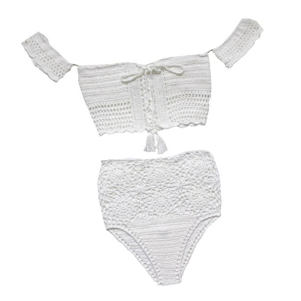 Conjunto de bikini blanco de encaje de ganchillo para mujer, estilo boho playero, top corto y shorts. METRO