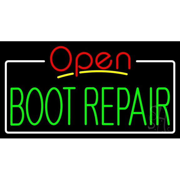 Green Boot Repair Open LED Neon Sign 13 x 24 - inches, Black Square Cut Acrylic Backing, with Dimmer - Bright and Premium built indoor LED Neon Sign for store interior Décor, Storefront.