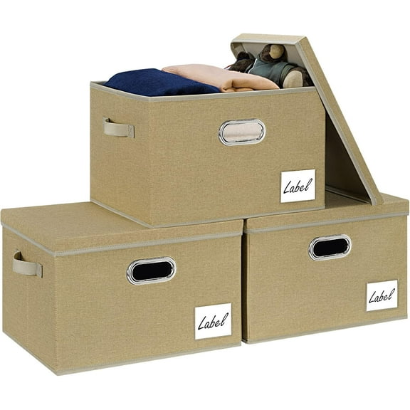 VibrantEchoExtra Large Storage Bins with Lids [3-Pack], Linen Fabric Foldable Storage Boxes for Closet Organization , Stackable Storage Containers Storage Baskets for Organizing (Beige)