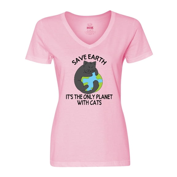 Inktastic Save Earth It's the Only Planet with Cats with Black Cat Women's V-Neck T-Shirt