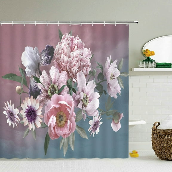 High Quality Printed Fabric Shower Curtains Blooming Classical Flowers Bath Screens Waterproof Bathroom Decor with 12