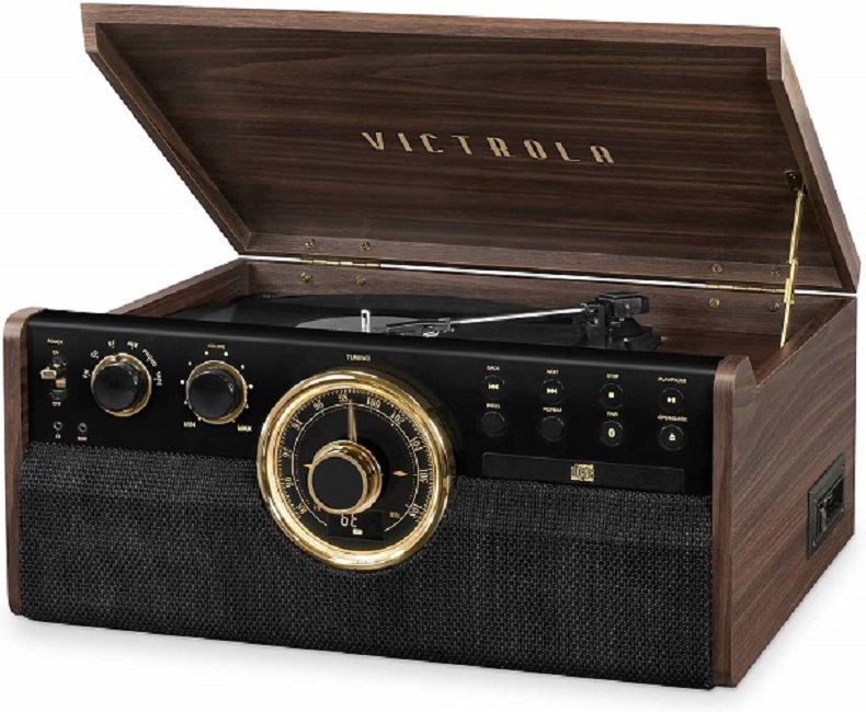 Victrola 6 in 1 Wood Bluetooth Mid Century Record Player with 3 Speed