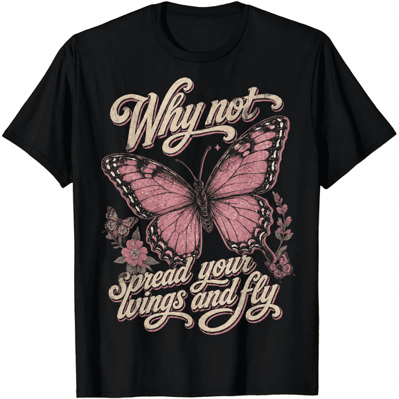 Women's Vintage Butterfly Graphic T-Shirt, Floral Inspirational Quote "Spread Your Wings and Fly" Short Sleeve Casual Crew Neck Tee