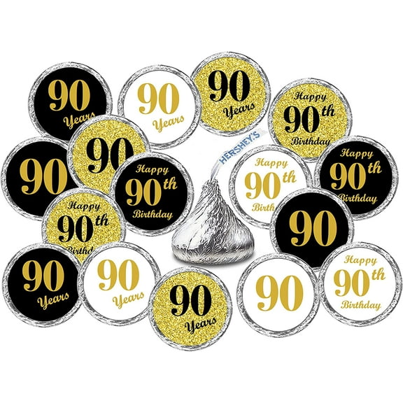 90th Birthday Kisses Stickers, (Set of 324) Chocolate Drops Labels Stickers For 90th Birthday, Kisses Party Favors Decor, 9 Designs (36 Stickers of Each)