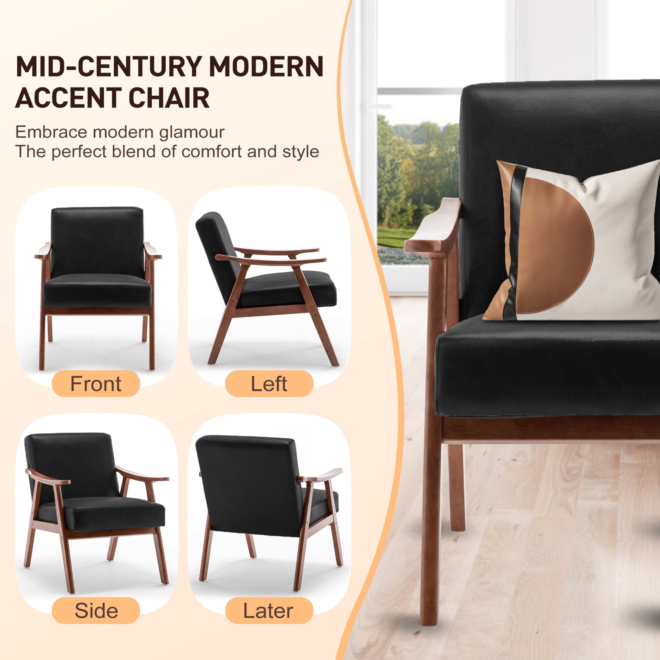 Noble House Jesse Modern Accent Chair, Solid Wood Thick Backrest PU Leather Upholstered Lounge Armchair, Brown