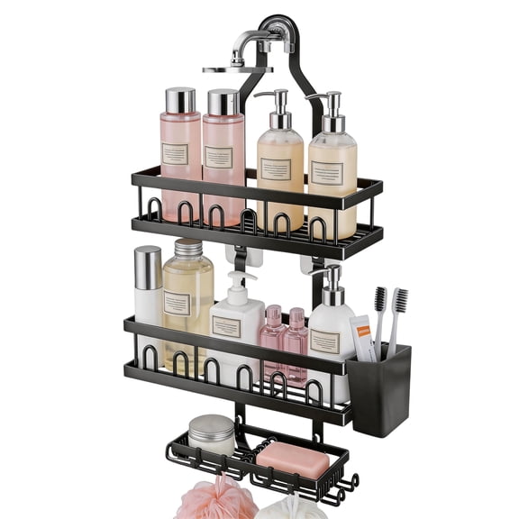 Over Head Shower Organizer, 3 Shelves Hanging Shower Caddy with Hooks & Toothbrush Holder, Rustproof Hanging Bathroom Storage Rack for Razor Shampoo & Sponge, No Drilling, Black