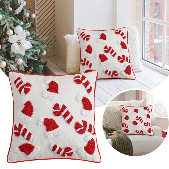 2Pcs Christmas Tufted Throw Pillow Covers Red White Xmas Hat Candy Cane Pillow Case Winter Holiday Soft Cushion Cover for Sofa Couch Bed Home,18 x 18 Inch