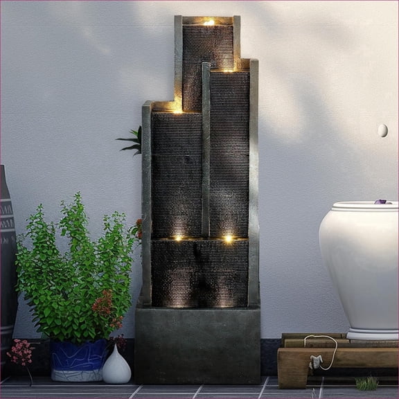 Tammesy 4-Tier 50.7" LED Waterfall Fountain Outdoor Waterfall Feature Water Fountains for Patio Art Garden Decor