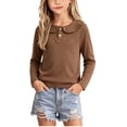 thumbnail image 2 of Girls Long Sleeve Polo Shirt Peter Pan Collar Ruffle Trim Button Tops Kids Cute Tee, 2 of 8