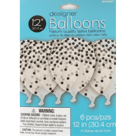 Amscan Designer Polka Dot Latex Balloons, 12-Inch, Black & White Confetti Style, 6-Count