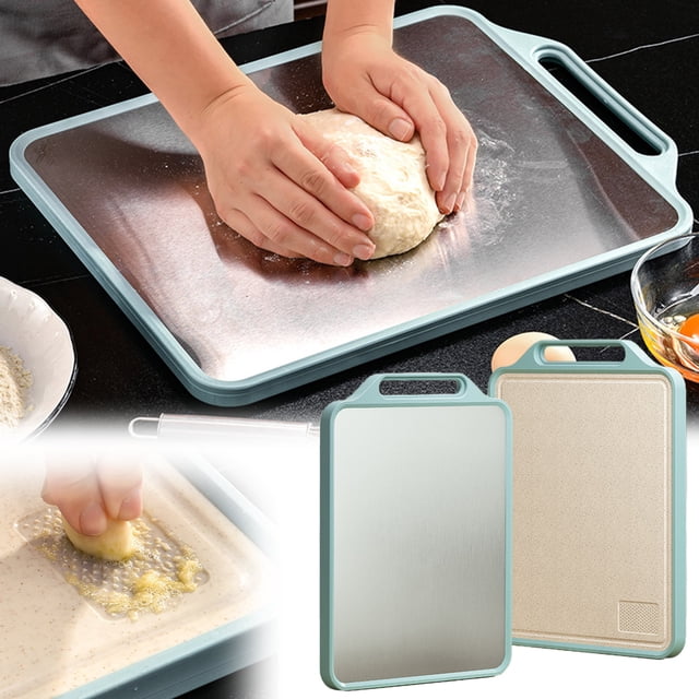 Tabla de cortar de acero inoxidable 304 de dos caras | Plateado 15.3 x 11.8 pulgadas | Tabla de cortar de grado alimenticio para carne, frutas, verduras | Apto para lavavajillas, diseño colgante,
