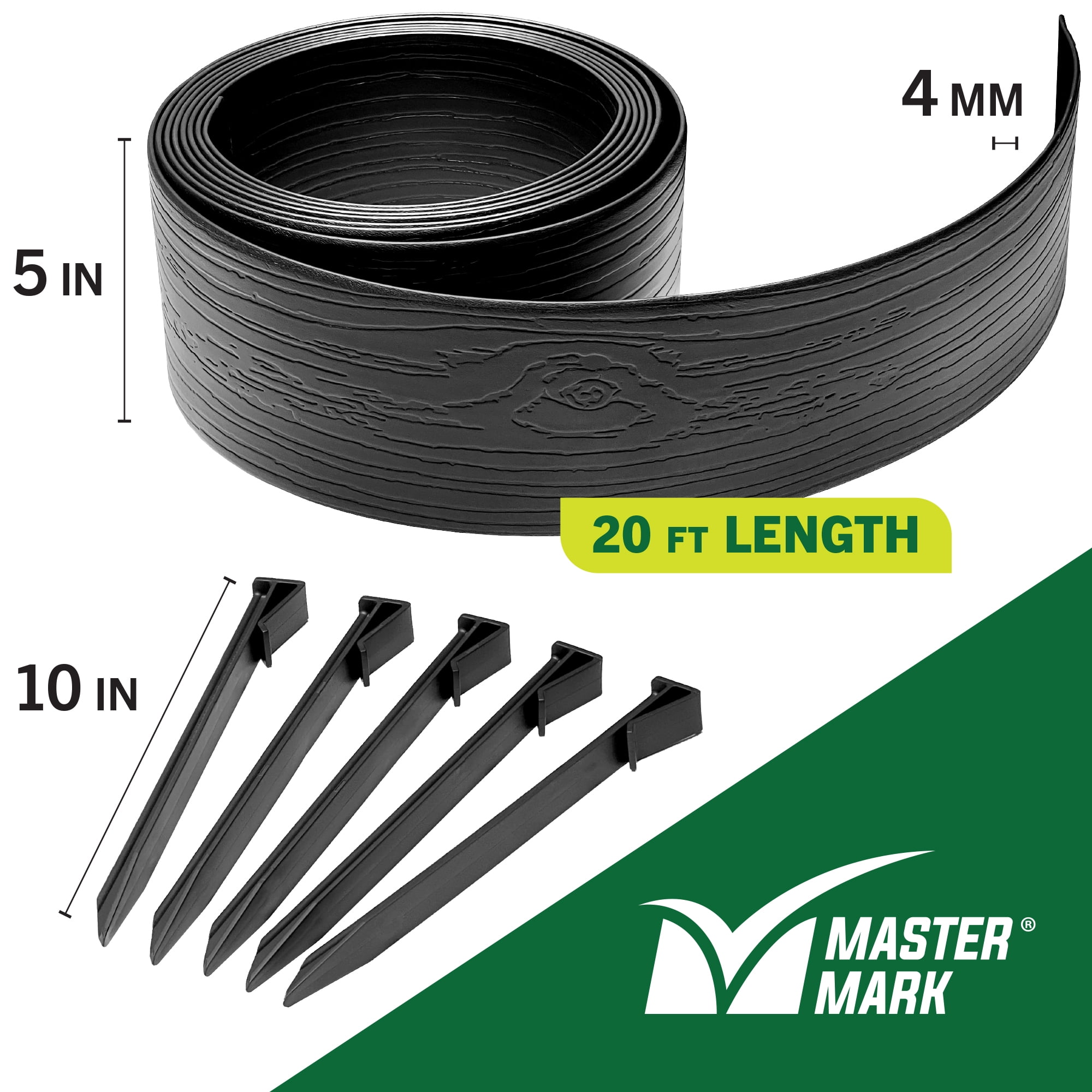 Master Mark Terrace Board 5-Inch x 20-Ft Plastic Garden Edging Border, Black Wood Grain, Flexible & Durable, Includes 5 Anchoring Stakes, Made in USA - Ideal for Landscape Edging & Garden Fence