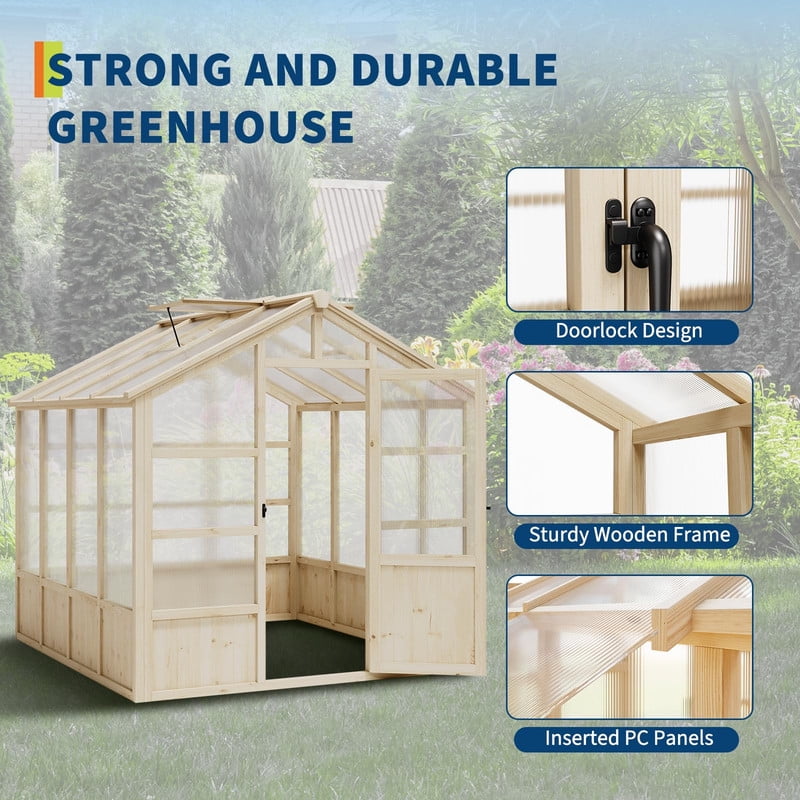 TROPOW Wooden Greenhouse 8x8FT - Heavy Duty Outdoor Green House with Cedar Wood Frame, Polycarbonate Panels, Lockable Door & Adjustable Vent for Garden Yard
