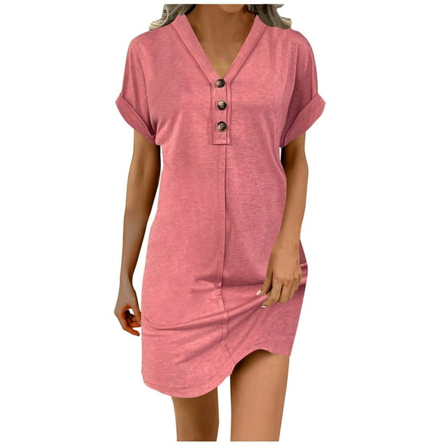 Plus Size Dresses Fashionable All Buckle Neck Cold Shoulder Ruffled Sleeve Solid Color Womens Dress Pink XL