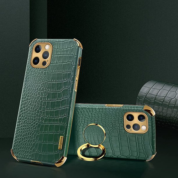 Compatible con iPhone 12 Pro Max Funda con soporte para anillo, funda de cocodrilo de lujo, borde dorado, soporte de rotación de 360 grados, para mujeres y niñas, funda protectora de piel de lagarto d