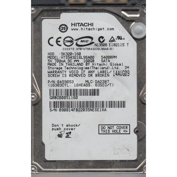 HTS543216L9SA00, PN 0A59053, MLC DA2387, Hitachi 160GB SATA 2.5 Hard Drive