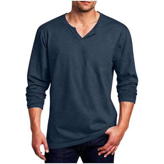 Kosheko Men's V-Neck Notch-Collar Long-Sleeve Tee, Stretchy Gentle Fabric for daily commutes Blue XXXL