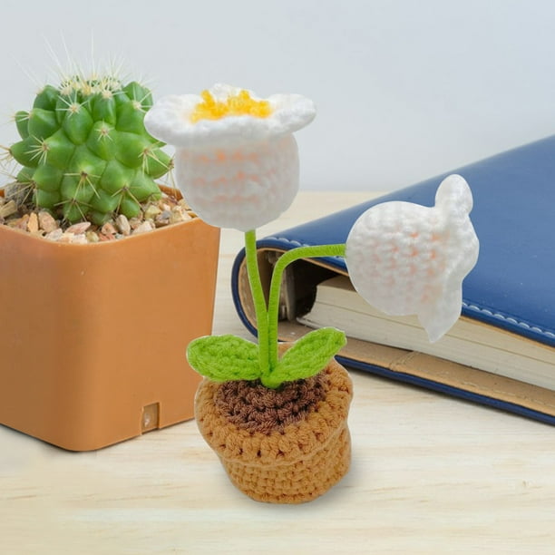 Decoración de maceta de ganchillo hecha a mano - Planta de rosas tejida para salpicadero de coche, oficina, decoración del hogar - Mini flores de simulación de lana