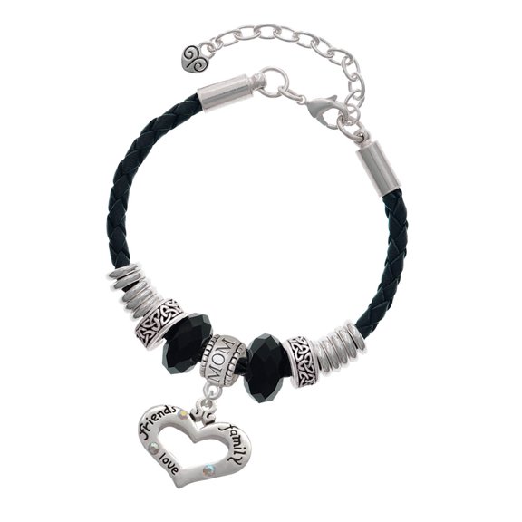 Delight Jewelry Silvertone Heart with 3 AB Crystals - Friends Family Love Mom Celtic Knot Leather Bead Bracelet, 7" 2" Extender