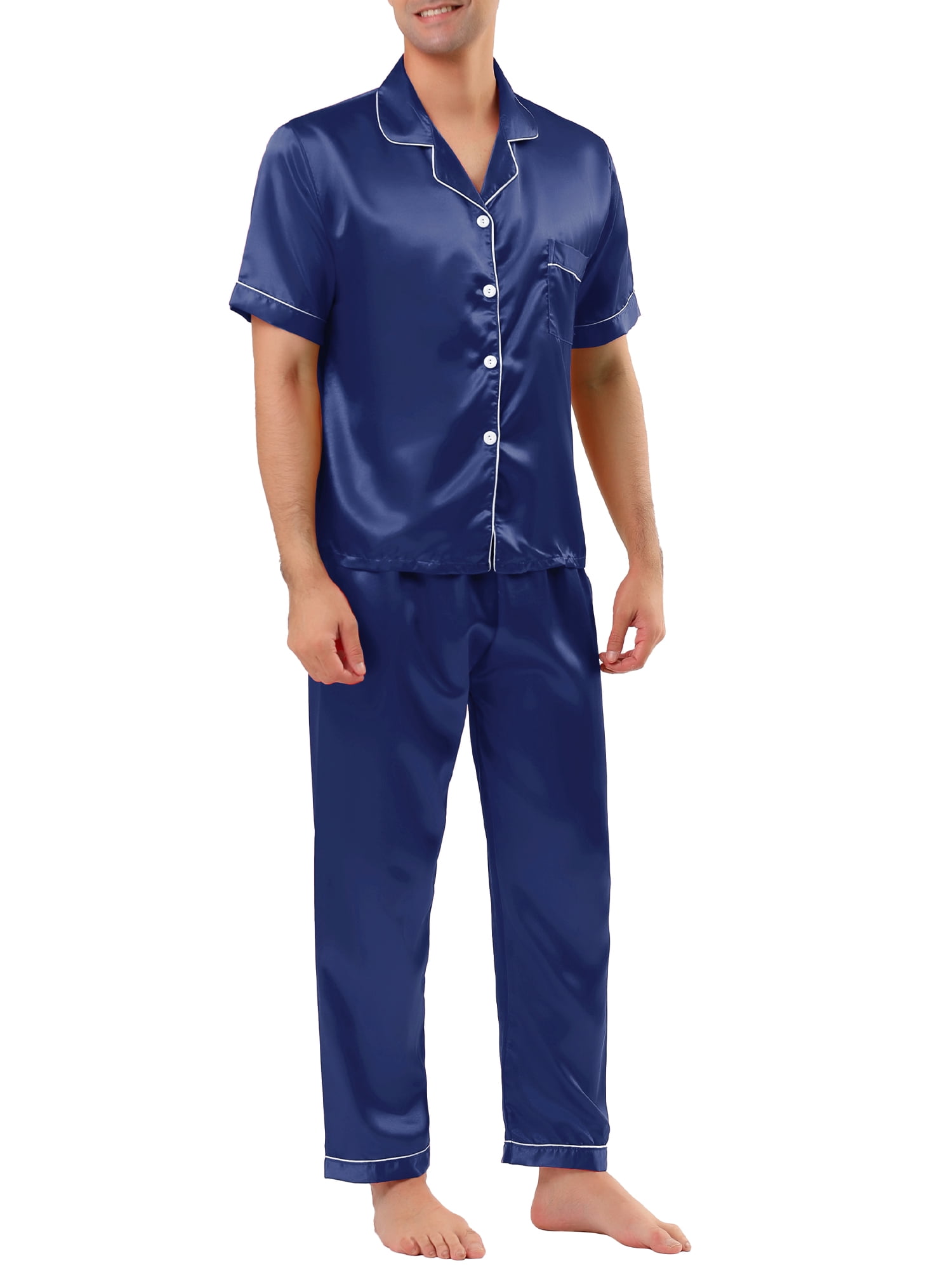 Unique Bargains Men's Button Down Satin Pajama Sets Short Sleeves Nightwear X-Large Blue