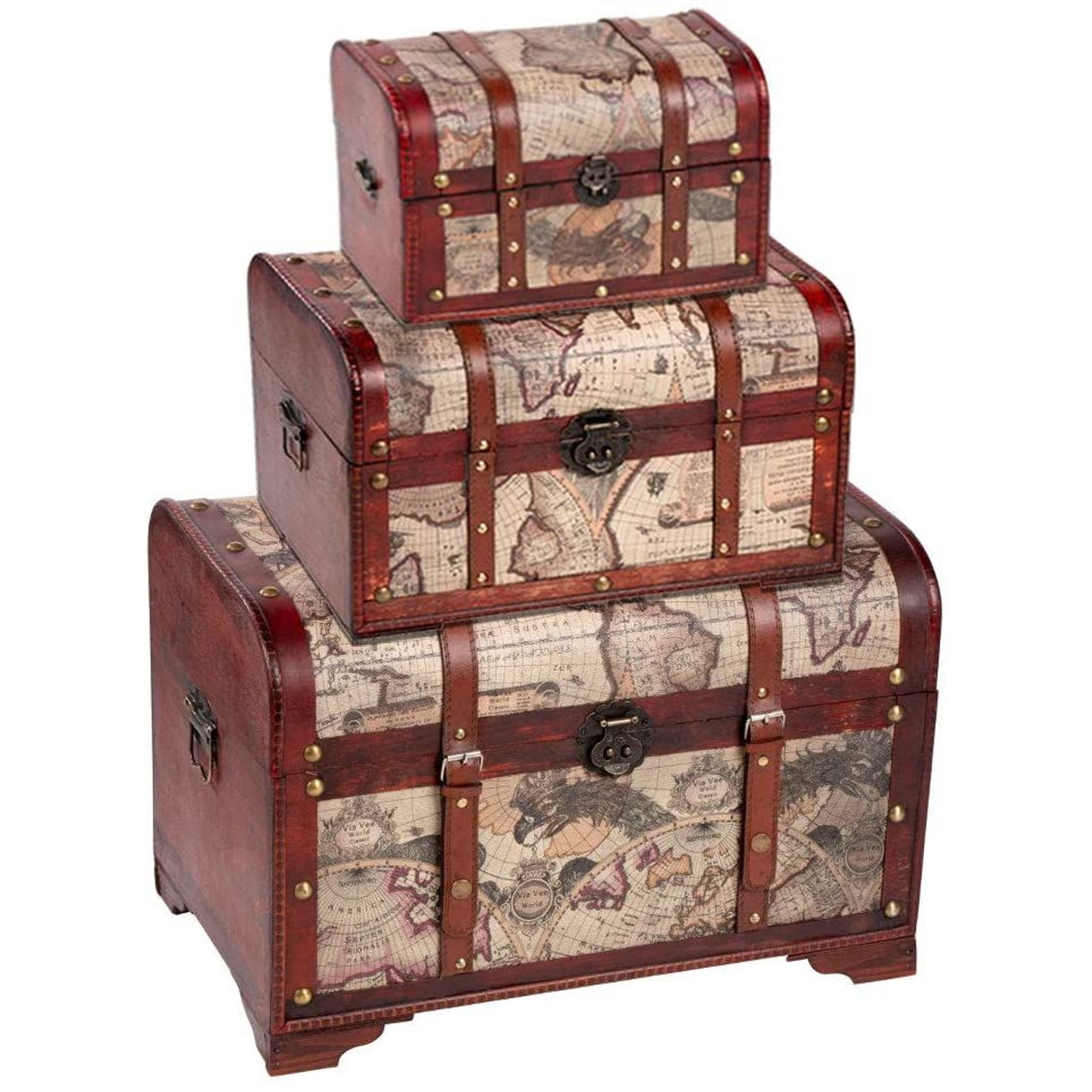 3Pcs Set Vintage Rustic Wooden Chest Storage Collection Box With Lid Gift Large 
