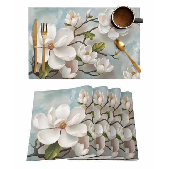 Magnolia Farmhouse Placemats Set of 6 White Floral Vintage Pastoral Botanical Heat Insulation Washable Place Mats, Rustic Non-Slip Table Mats for Dining Table Party Kitchen Decor,13x19 Inch