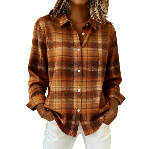 Aoiroe Women Fall Clothes,Blouses For Women Dressy Casual,Fall Outfits For Women 2025,Womens Fall Tops,Fashion Clothing,Plaid Button Up Women,Fall Fashion Must Haves,Brown,L