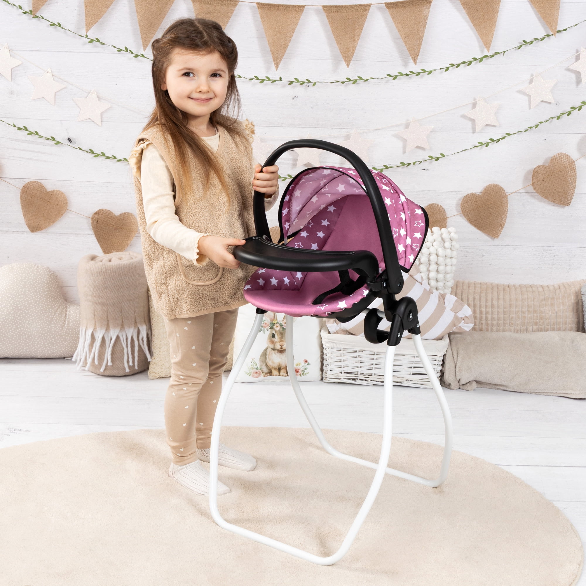 Bayer Design: Doll 4-In-1 Vario - Pink & White Stars - Convertible Toy: Highchair-Swing-Bed-Car Seat, All-In-1 Care Accessory Fits 18" Dolls, Kids 3+