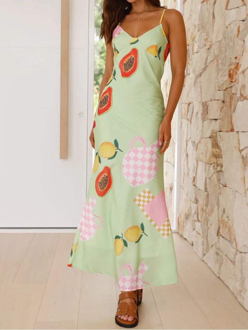 summer fruit maxi slip dress Biezeib Women Slip Dress, Spaghetti Straps V-neck Fruit Print Swing Dress  Summer Long Dress