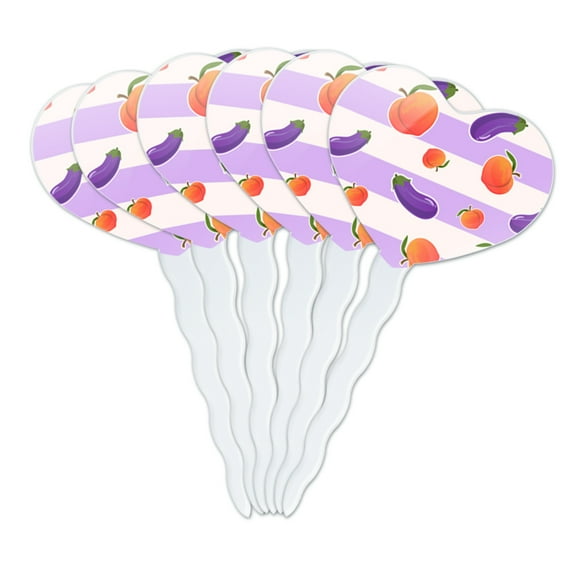 Cute Peaches and Eggplants on Stripes Pattern Heart Love Cupcake Picks Toppers Decoration Set of 6