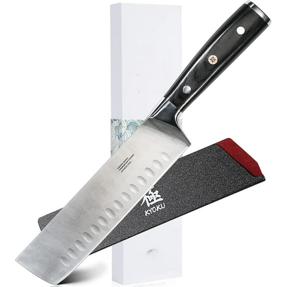 Samurai Series - Nakiri Japanese Vegetable Knife 7" - Full Tang - Japanese High Carbon Steel Kitchen Knives - Pakkawood Handle with Mosaic Pin - with Sheath & Case