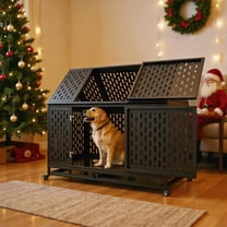Pefilos 45" Large Dog Cage for Indoor Heavy Duty Metal Dog Crate Kennel with 4 Universal Wheels, Openable Pointed Top and Front Door, Black