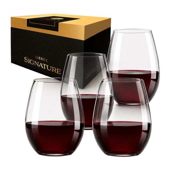 Libbey Signature Kentfield Stemless Wine Glasses, 18-Ounce, Set of 4, Made in USA, Dishwasher Safe, Modern Stemless Glassware, Gift Box