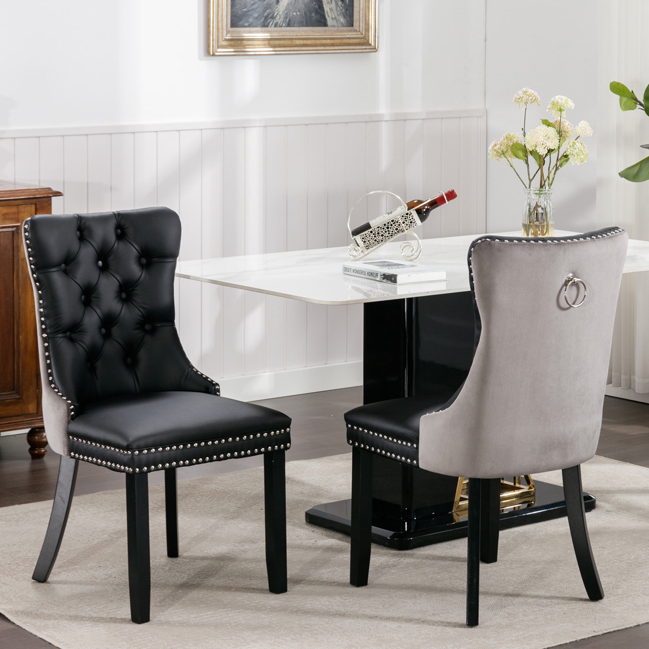 PORKISS Dining Chairs Set of 2, Modern Wood and PU Dining Chairs with Back Ring and Nailhead Trim, Upholstered Tufted Velvet Chair with Wood Legs for Dining Room, Kitchen, Black/Gray