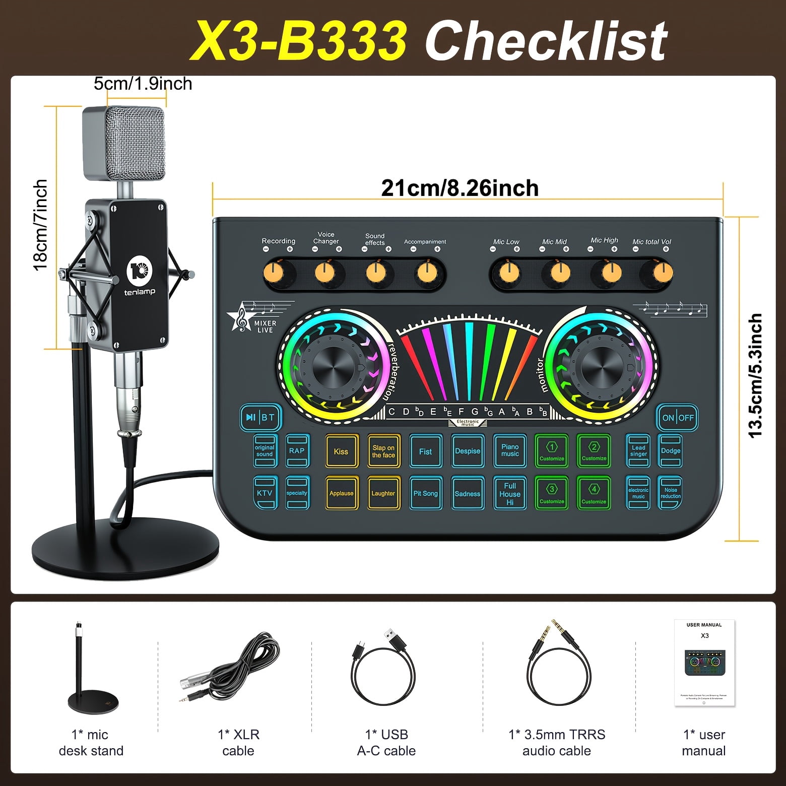 Professional Mic Mixer Set for Podcast Singing Gaming DJ - Studio Recording Controller with Wireless Microphone, Karaoke Machine & Dynamic Condenser Mic