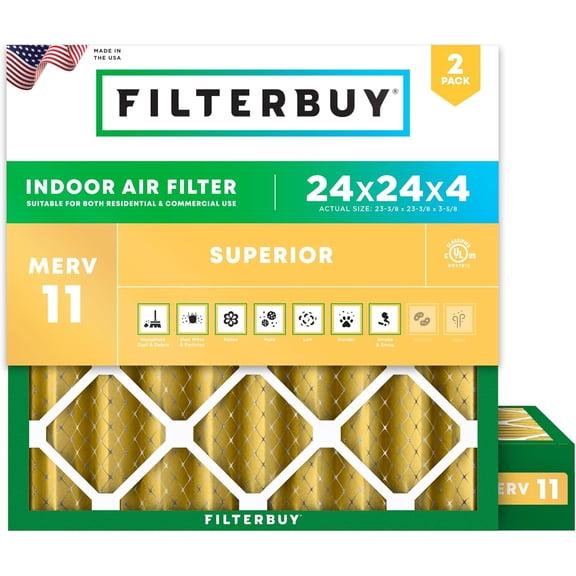 Filterbuy 24x24x4 Air Filter MERV 11 Allergy Defense, Pleated HVAC AC Furnace Filter Replacement, 2-Pack