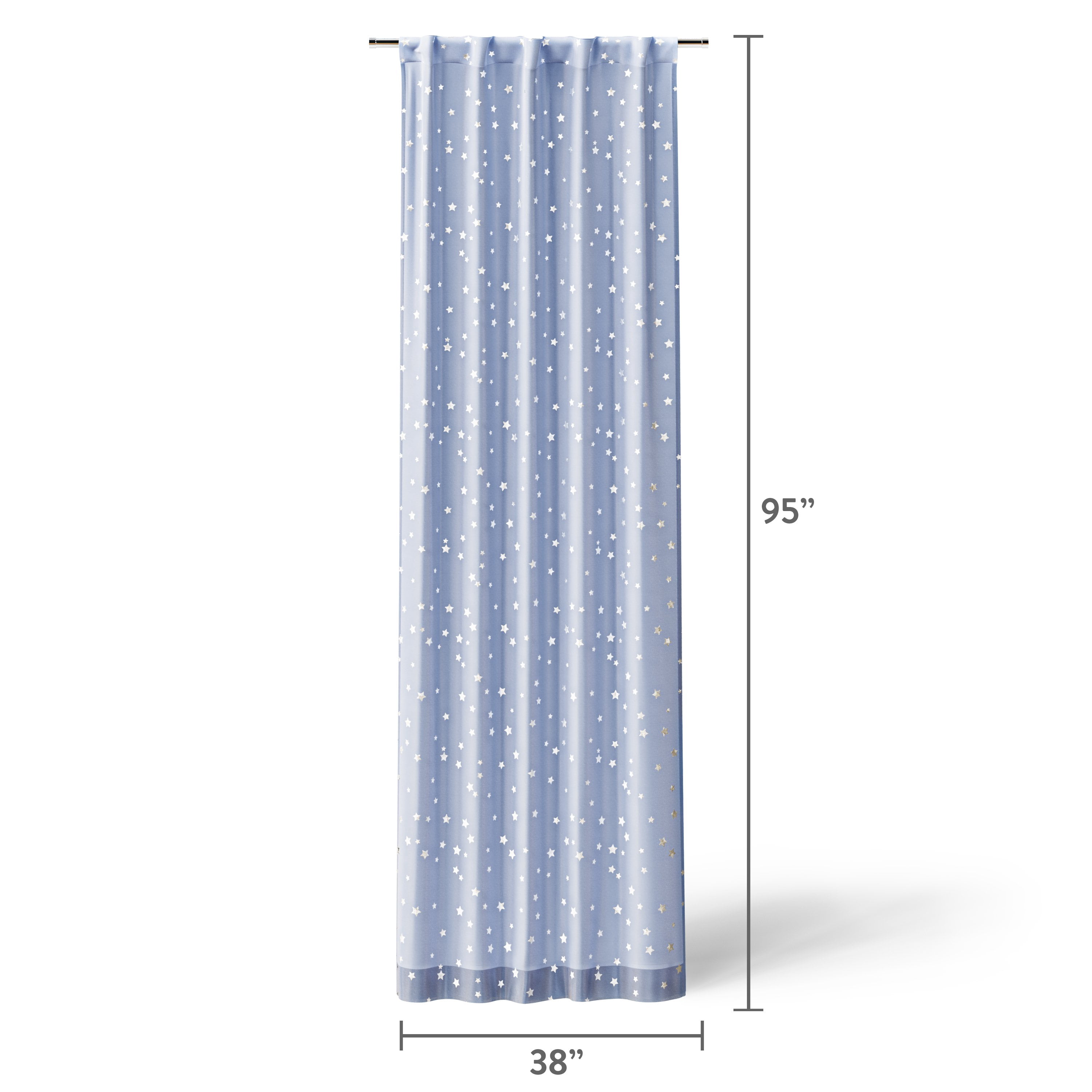 Mainstays Kids Spring Periwinkle and Metallic Silver Stars Sheer Overlay Blackout Rod Pocket with Back Tabs Single Curtain Panel, 38" W x 95" L