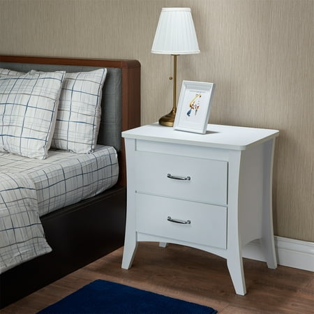 Nightstand with 2 Storage Drawers White Finish MDF and Synthetic Wood Bedside Table with Tapered Legs and Metal Glides Rectangular End Table for Bedroom 17 x 12 x 4 Drawers