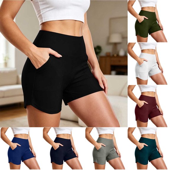 Women's Athletic Running Shorts With Pockets, High Waisted Tummy Control Sports Shorts, 2-in-1 Compression Yoga Shorts, Quick Dry Workout Fitness Shorts for Women, Womens Running
