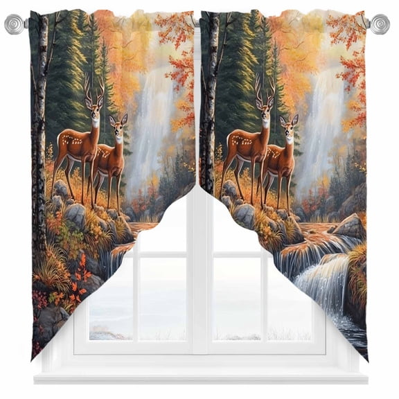 Deer Swag Valances for Windows 2 Pack Vintage Wildlife Rustic Swag Kitchen Curtains 36 Inches Long Rod Pocket Short Window Treatment for Kitchen Bathroom 28"x36"