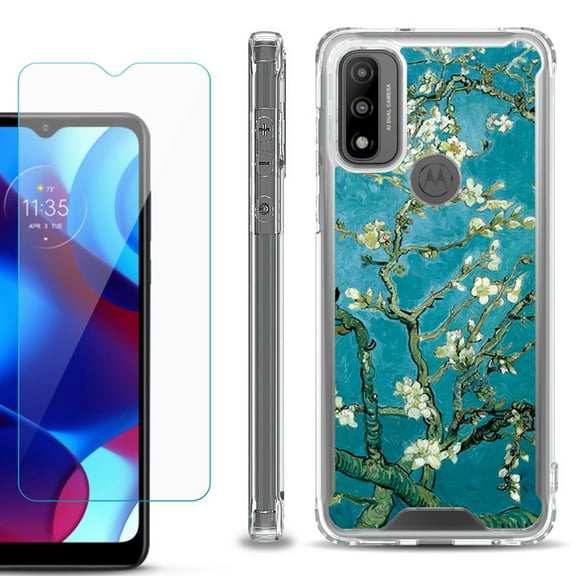 Shockproof Bumper Phone Case for Motorola Moto G Pure, with Tempered Glass Screen Protector, by OneToughShield ® - Almond Blossom