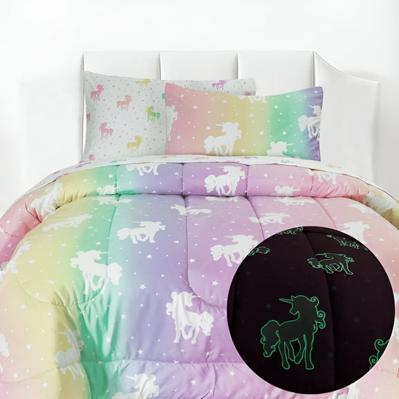 Kids Rule 5 Piece Unicorn and Stars Glow in the Dark Bedding Set, Rainbow Colors, Pink, Multicolored - Twin